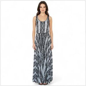 CACHE Long Black White Print Pleated Blouson Belted Boho Maxi Dress NWOT New 8